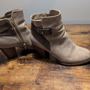 JustFab suede tan mid-size heel women's short boot, size 7.5